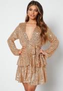 John Zack Sequin Deep V Ruffle Skater Dress Gold M (UK12)