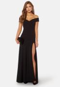 Goddiva Bardot Pleat Maxi Split Dress Black XL (UK16)