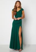 Goddiva Bardot Pleat Maxi Split Dress Emerald XXS (UK6)