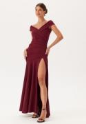 Goddiva Bardot Pleat Maxi Split Dress Wine-red XXL (UK18)