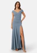 Goddiva Bardot Pleat Maxi Split Dress Light blue L (UK14)