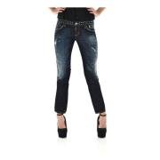Dsquared2 Slim-fit blå denim jeans med vintage målning och vit läder p...