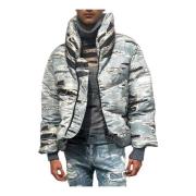 John Richmond Kort ikonisk denim mönster runway puffer jacka Blue, Her...