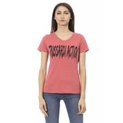 Trussardi Rosa Bomull V-Hals T-Shirt med Framsida Tryck Pink, Dam