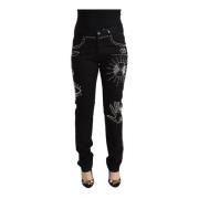 Valentino Svarta Bomull Mid Waist Prydda Slim Fit Jeans Black, Dam