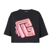 Balmain Kortärmad T-shirt med neontryckt labyrintlogo Black, Dam