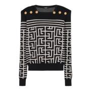 Balmain Monogrammönstrad randig ulltröja Black, Dam