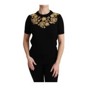 Dolce & Gabbana Svart Cashmere Guld Blommig Tröja Topp Black, Dam