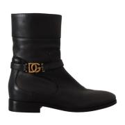 Dolce & Gabbana Svarta Läder Logo Ankelboots Black, Dam