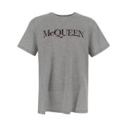 Alexander McQueen Logo T-Shirt, Snygg Svart Tryck Gray, Herr