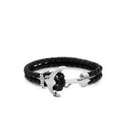 Nialaya Men's Black Leather Bracelet with Silver Anchor Black, Herr