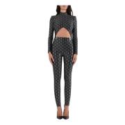 Elisabetta Franchi Stretch Lycra Jumpsuit med All-Over Logo Print Blac...