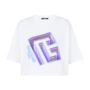 Balmain Kortärmad T-shirt med neontryckt labyrintlogo White, Dam