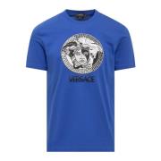 Versace Blå Crew Neck T-shirt med Broderad Medusa-logotyp Blue, Herr