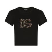 Dolce & Gabbana Svart Leopard Logo T-shirt Black, Dam