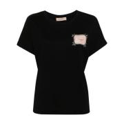 Twinset Svart T-shirt med Logo Patch och Rhinestone Dekoration Black, ...