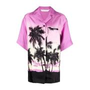 Palm Angels Oversized Silkes Twill Bowling Skjorta med Sunset Print Pu...