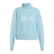Versace Ull turtlenecktröja med logotyp Blue, Dam