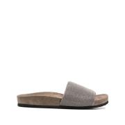 Brunello Cucinelli Silver Läder Monili Vamp Slides Gray, Dam