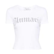 Blumarine Vit Ribbad T-shirt med Rhinestone-Logga White, Dam