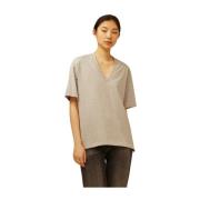 Semicouture Bomullstickad T-Shirt med V-Hals Gray, Dam