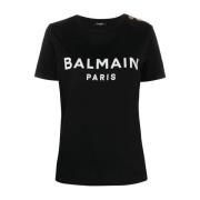 Balmain Logo-print T-shirt med Präglade Knappar Black, Dam