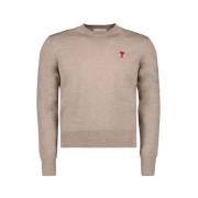 Ami Paris Broderad Logotyp Rund Hals Jumper Beige, Herr