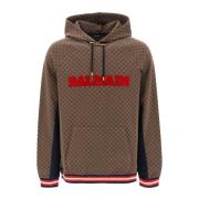 Balmain Organisk Bomull Jacquard Hoodie med Mini Monogram Brown, Herr