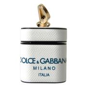 Dolce & Gabbana Vit Blå Läder Logo Print Airpods Fodral White, Dam