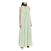 Salvatore Ferragamo Flared Maxi Klänning med Läder Spänne Green, Dam