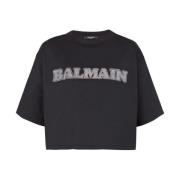Balmain Svart Strass Cropped T-shirt Black, Dam
