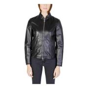 Peuterey Svart Läder Zippered Mandarin Krage Blazer Black, Dam