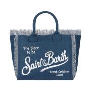 Saint Barth Blå bomull tote väska med fransar Blue, Dam