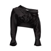 Self Portrait Kort Taffeta Topp med Asymmetrisk Halsringning Black, Da...