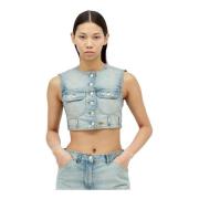 Courrèges Denim Crop Vest med Logo Broderi Blue, Dam