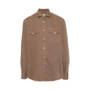 Brunello Cucinelli Jordbrun Denim Skjorta med Unikt Yoke Design Brown,...