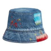 Marni denim bucket hat med mohair patches Blue, Dam