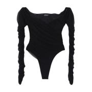 Mugler Svart Rynkad Mesh Bodysuit Black, Dam