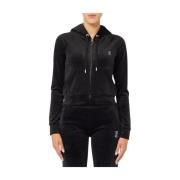 Juicy Couture Velvet Cropped Hoodie med Rhinestone Logos Black, Dam