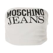 Moschino Logo Top Crop Print Vit Ribbad White, Dam