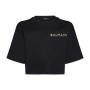 Balmain Svart/Silver-tone Logo Crew Neck T-shirt Black, Dam