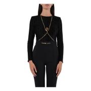 Elisabetta Franchi Lycra Body med Flock Logo och Cross-Body Kedja Blac...