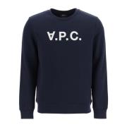 A.p.c. Logo Crewneck Sweatshirt i Loop-Back Bomull Blue, Herr