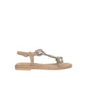 ALMA EN PENA Rhinestone Square Toe Flat Sandal Beige, Dam