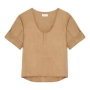 Saint Laurent Beige Henley Blus Bomull-Linne Blandning Beige, Dam