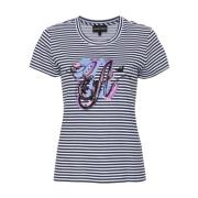 Emporio Armani Blårandig T-shirt med Broderat Motiv Multicolor, Dam