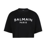 Balmain Cropped T-shirt med logotryck Black, Dam