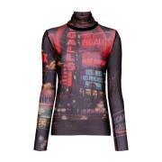 Jean Paul Gaultier Mesh Semi-Sheer Pigalle Print Top Black, Dam