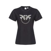 Pinko Kortärmad bomullst-shirt med strass-logotyp Black, Dam