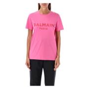 Balmain Flocked Paris T-Shirt Fucsia Rose Pink, Dam